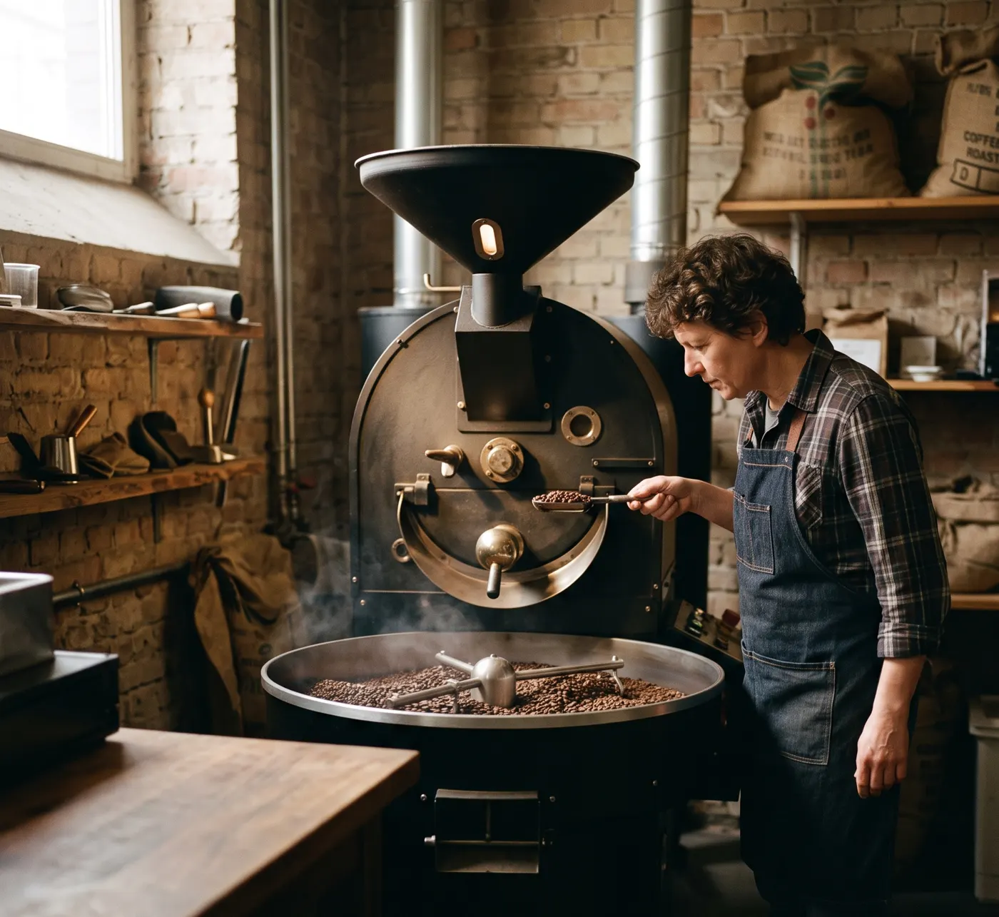 Roastery: a roaster checks the beans at the roasting machine