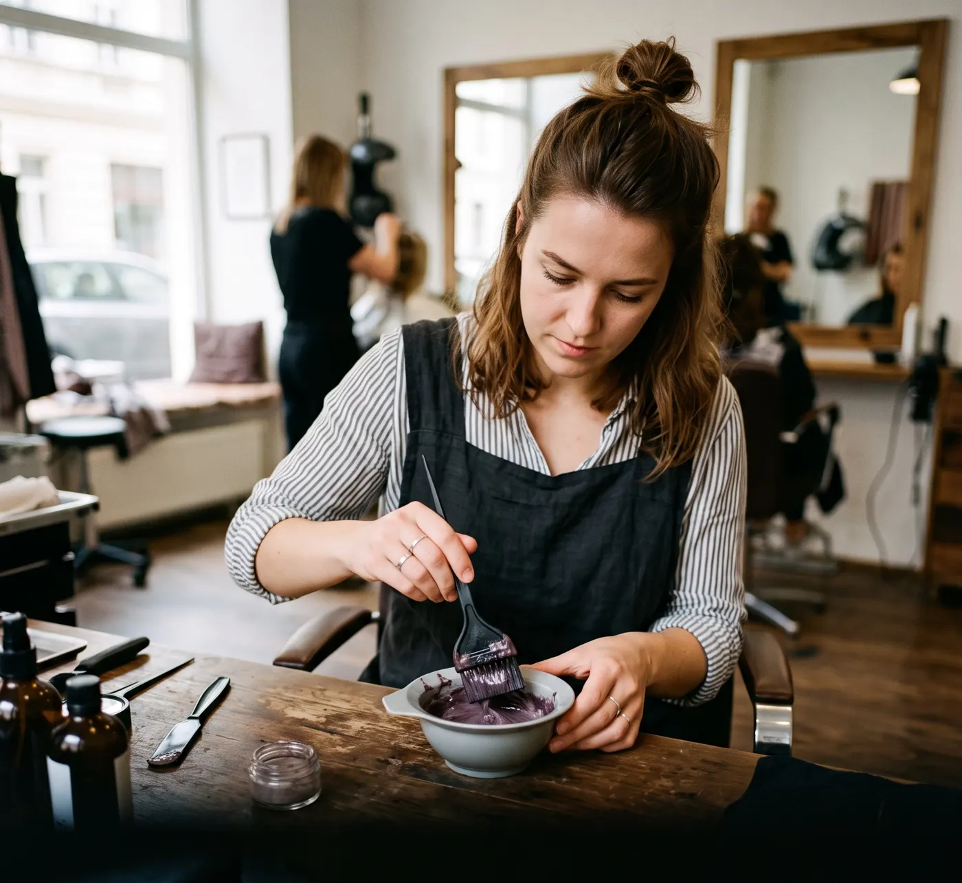 Salon: a beautician mixes a product at the work table