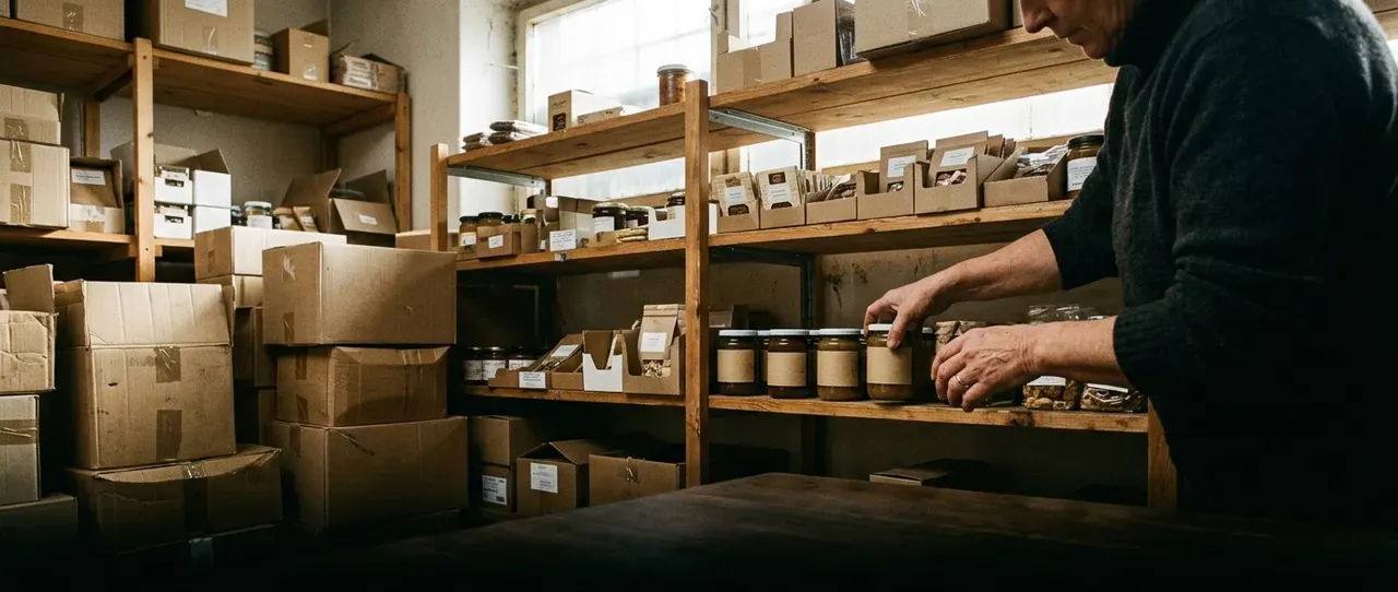 Online shop warehouse: shelves with boxes and goods