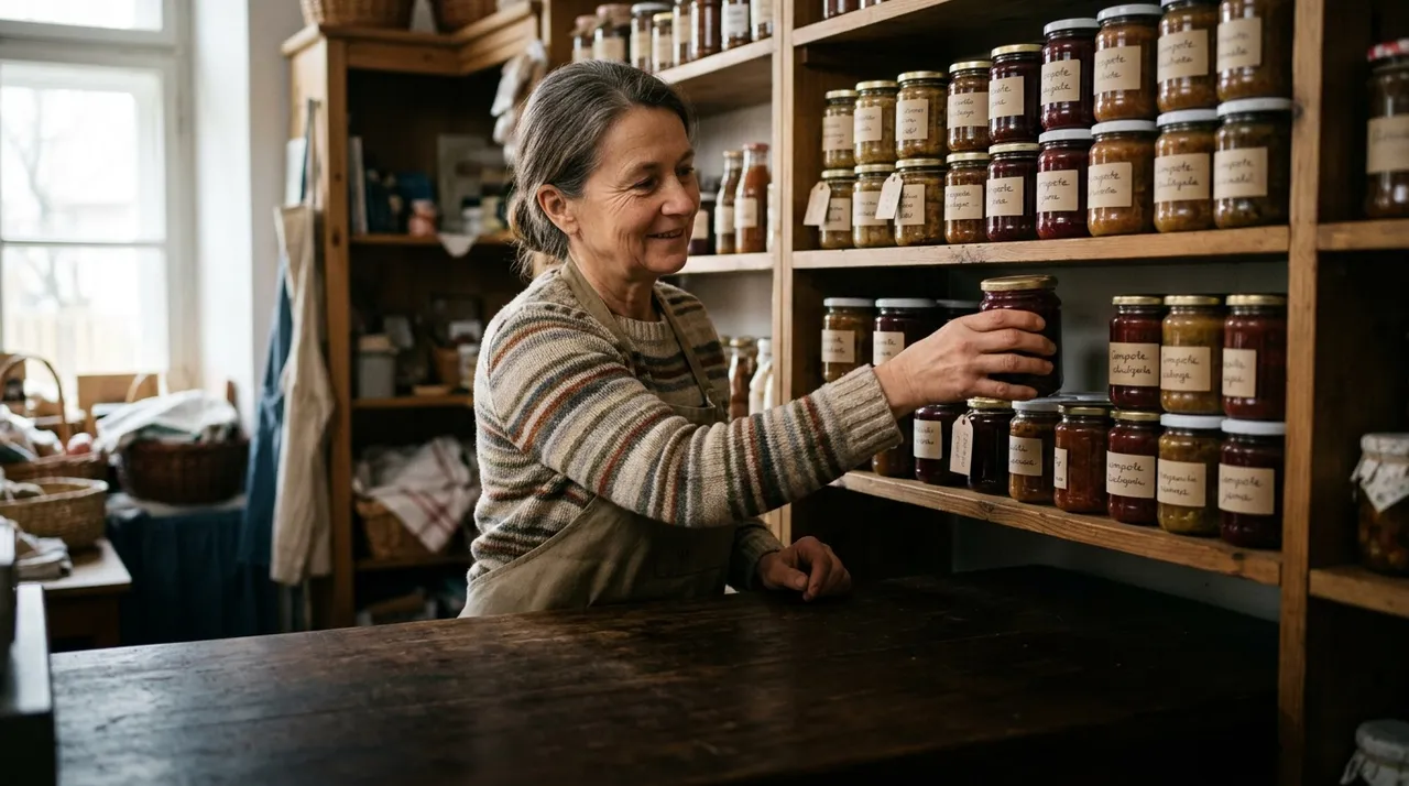 Delicatessen: a shop assistant at a shelf of jars